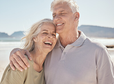 Buy stock photo Laughing, happy and senior couple at the beach with love, freedom and care on vacation. Funny man and woman on retirement holiday, adventure and romantic trip outdoor in nature to relax and travel