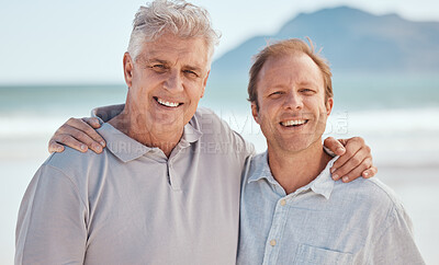 Buy stock photo Beach, father or man hug in portrait together on a summer holiday vacation with smile or love. Family, son or happy man bonding with face of proud dad or senior parent at sea in Australia to relax