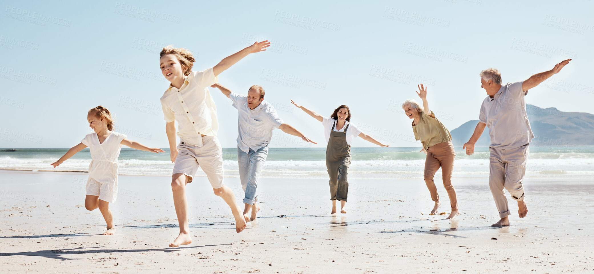 Buy stock photo Happy family, children and airplane game on beach on playful holiday in Australia with freedom, love and energy. Kids, parents and grandparents, running, playing and bonding together on sea vacation.