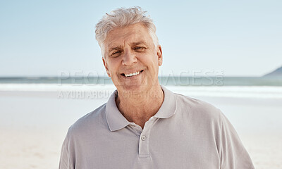 Buy stock photo Portrait, beach and old man with retirement, happy and travel with summer vacation, Canada and wellness. Face, senior person or traveler on seaside holiday, weekend break or relax with peace or smile