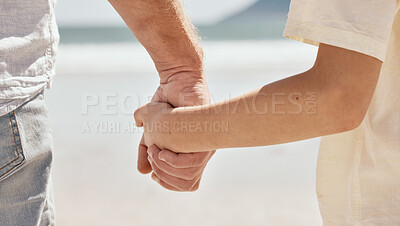 Buy stock photo Beach, holding hands or closeup of kid with father walking or bonding together for love or care. Parent, relax or back of man with a child for support, trust or loyalty in nature on family holiday