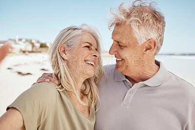 Buy stock photo Selfie, love and senior couple at the beach on romantic anniversary vacation, holiday or adventure. Travel, smile and happy elderly man and woman taking picture together by the ocean on weekend trip.