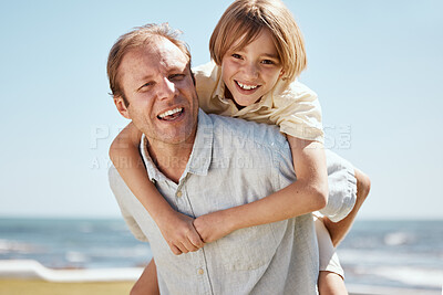 Buy stock photo Happy father, child and piggyback on beach in family bonding, outdoor weekend or holiday on summer break. Portrait of dad and son in hug, love or care for childhood or enjoying day together at ocean