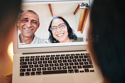 Buy stock photo Video call, laptop screen and smile with face of family for communication, contact or connection. Happy, virtual and technology with senior people at home for excited, website or online chat together