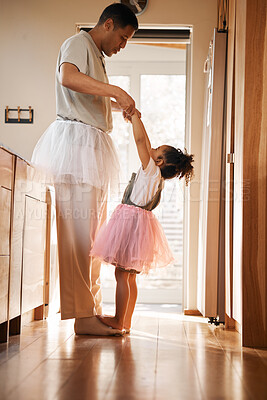 Buy stock photo Dance, ballet and help with father and daughter for learning, support and love. Music, holding hands and youth with man and young girl in family home for teaching, creative and princess together