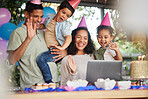 Family video call, birthday party and kids with laptop, cake or celebration for support, wave or happy in home. Child, flame and wish with contact, food and dessert with gift, hat or webinar at event