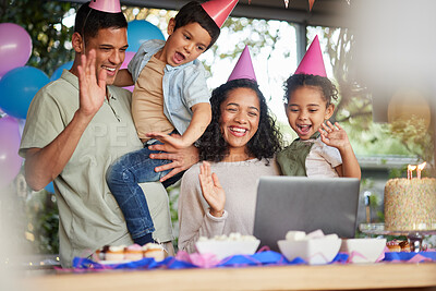 Buy stock photo Family video call, birthday party and kids with laptop, cake or celebration for support, wave or happy in home. Child, flame and wish with contact, food and dessert with gift, hat or webinar at event
