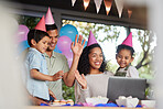 Family video call, birthday party and children by laptop, cake or celebration for support, wave or happy in home. Parents, kids and pc for contact, food or dessert with gift, hat or webinar at event