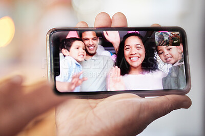 Buy stock photo Video call, hand and phone screen with family to wave for birthday party at home with communication or hello. Smile, virtual chat and people together for online talk, celebration or social media
