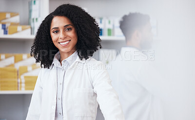 Buy stock photo Pharmacy, dispensary and portrait of woman for medical service, medicine and wellness. Healthcare, pharmaceutical and happy pharmacist in drug store for medication, consulting and health career