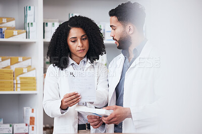 Buy stock photo Pharmacy, workers and report check with conversation, teamwork and pharmaceutical work. Healthcare, medicine and drug ingredients of pills and medication document in drugstore with pharmacist