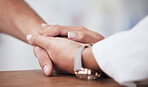 Hospital consultation, doctor holding hands or person support client with cancer diagnosis, crisis or medical problem. Clinic care, empathy or kindness of closeup nurse helping rehabilitation patient