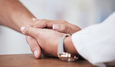 Buy stock photo Hospital consultation, doctor holding hands or person support client with cancer diagnosis, crisis or medical problem. Clinic care, empathy or kindness of closeup nurse helping rehabilitation patient