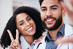 Pharmacy, peace sign and selfie portrait of people for social media, profile picture and website. Healthcare, pharmaceutical and man and woman take photo for wellness, medicine and medical service