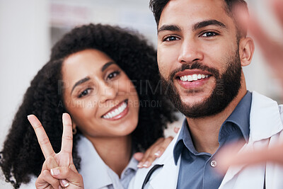 Buy stock photo Pharmacy, peace sign and selfie portrait of people for social media, profile picture and website. Healthcare, pharmaceutical and man and woman take photo for wellness, medicine and medical service