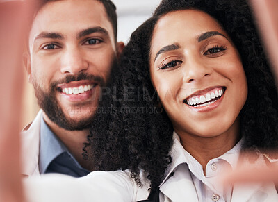 Buy stock photo Pharmacy team, selfie and portrait of people for social media, profile picture and clinic website. Healthcare, pharmaceutical and man and woman take photo for wellness, medicine and medical service