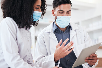 Buy stock photo Pharmacy team, research and people on tablet for online prescription order, wellness website and telehealth. Healthcare, pharmaceutical and man and woman with mask on digital tech for consulting app