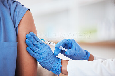 Buy stock photo Healthcare, vaccine and needle on arm of person in hospital for covid, flu or immunization closeup, Doctor, hands and zoom on patient at a clinic for medical, consultation and vaccination injection