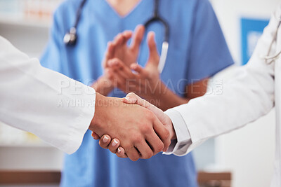 Buy stock photo Hospital, applause and doctor with handshake for support, thank you or medical, success or celebration. Healthcare, cooperation and team shaking hands for welcome, well done or clinic congratulations