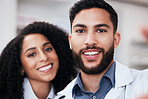 Pharmacy, selfie and portrait of man and woman for social media, profile picture and clinic website. Healthcare, pharmaceutical and happy people take photo for wellness, medicine and medical service