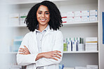 Pharmacy, crossed arms and portrait of black woman for medical service, wellness and medicine. Healthcare, pharmaceutical and happy pharmacist in drug store for medication, consulting and career