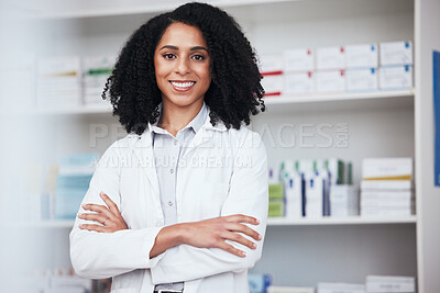Buy stock photo Pharmacy, crossed arms and portrait of black woman for medical service, wellness and medicine. Healthcare, pharmaceutical and happy pharmacist in drug store for medication, consulting and career