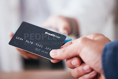 Buy stock photo Credit card, hand and payment in a store with cashier, machine and customer in a pharmacy. Shop, commerce and electronic sale with pay at POS with finance transaction and purchase at checkout point