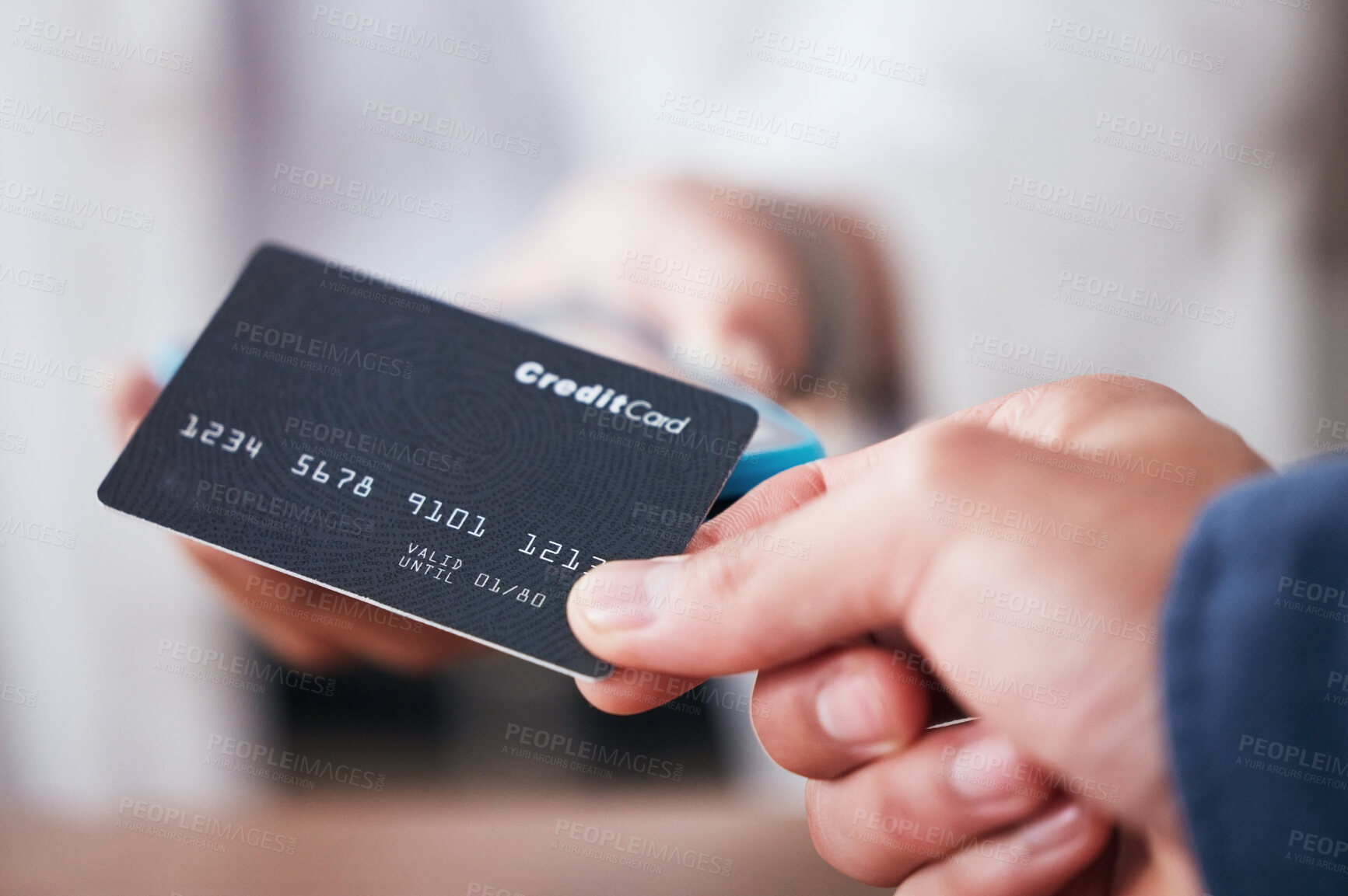 Buy stock photo Credit card, hand and payment in a store with cashier, machine and customer in a pharmacy. Shop, commerce and electronic sale with pay at POS with finance transaction and purchase at checkout point