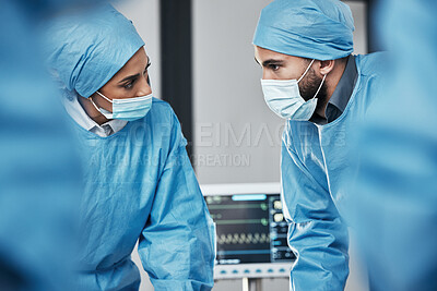 Buy stock photo Doctors, hospital team and surgery for emergency, safety and expert service. Man, woman and healthcare collaboration of surgeon, nurse and support in operation theater with ppe, mask and medical icu