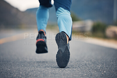 Buy stock photo Street, legs and fitness person running for outdoor exercise, cardio workout or training for marathon race on asphalt road. Sports shoes, athlete foot steps or feet of closeup runner doing challenge