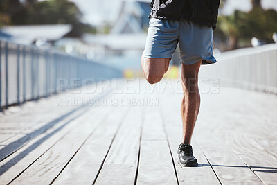 Buy stock photo Closeup, outdoor and man stretching, legs or fitness with warm up, energy or workout with health. Zoom, person or runner with exercise, stretch or wellness with training, city or practice with sports