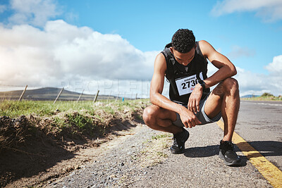 Buy stock photo Tired, runner and man with fitness, breathing and exhausted with workout, sports and training. Person, guy and athlete outdoor, exercise or fatigue with rest, challenge and break with intense cardio