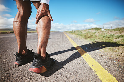 Buy stock photo Legs injury, marathon runner or person massage nerve problem, calf muscle ache or fatigue burnout from exercise. Joint pain, anatomy risk or closeup athlete hurt from running accident on asphalt road