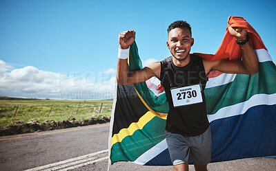Buy stock photo Portrait, sports and flag of South Africa with a man running on a street in nature for motivation or success. Fitness, winner or celebration with a runner cheering during cardio or endurance training