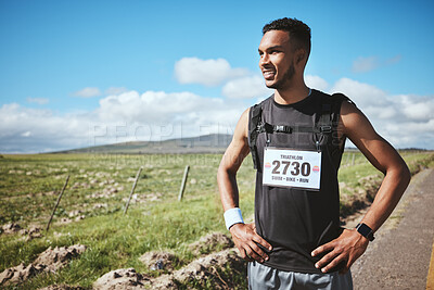 Buy stock photo Fitness, smile and man runner in the countryside for competition, running or workout in nature. Sports, race and happy male athlete in a road for training, exercise or break for performance challenge