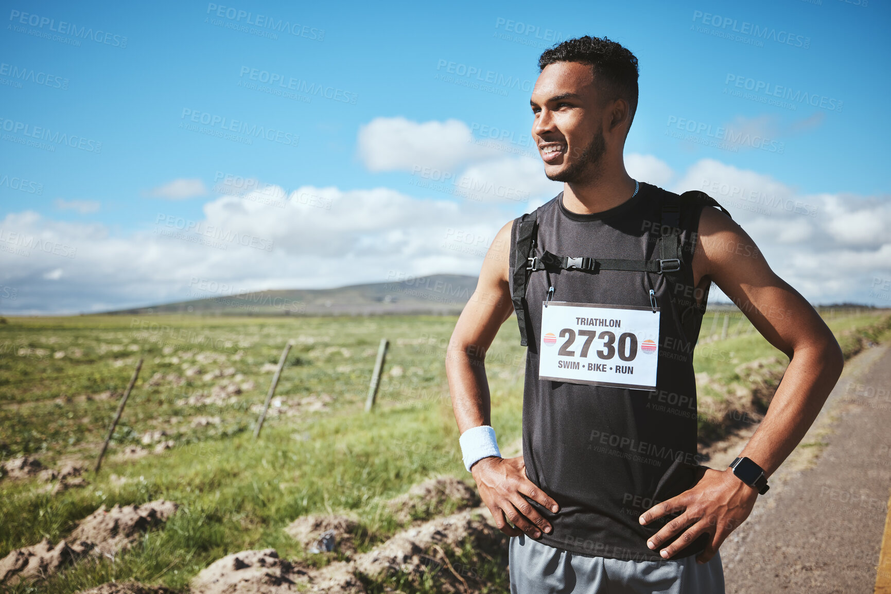Buy stock photo Fitness, smile and man runner in the countryside for competition, running or workout in nature. Sports, race and happy male athlete in a road for training, exercise or break for performance challenge