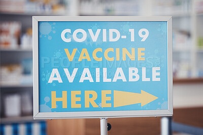 Buy stock photo Covid 19 vaccine sign, arrow pointing or pharmacy service announcement for protection, health safety or medical healthcare. Hospital clinic, billboard or poster notification for corona virus security