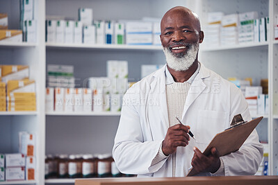 Buy stock photo Pharmacy portrait, clipboard and mature black man writing notes of hospital product, healthcare drugs or clinic stock. List, pills or happy African pharmacist smile for store pharmaceutical inventory