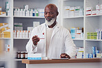 Black man, pharmacist and pill box with prescription, medication boxes and tablet with inventory. Person, pharmacy and professional with information, drugstore and medicine with tech and prescription