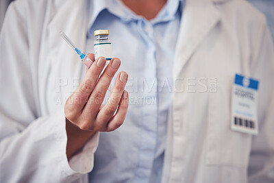 Buy stock photo Doctor, hands and vaccine bottle with injection for medicine, safety and healthcare risk in clinic. Closeup, medical worker and vial with syringe for sick immunity, antivirus and pharmaceutical drugs
