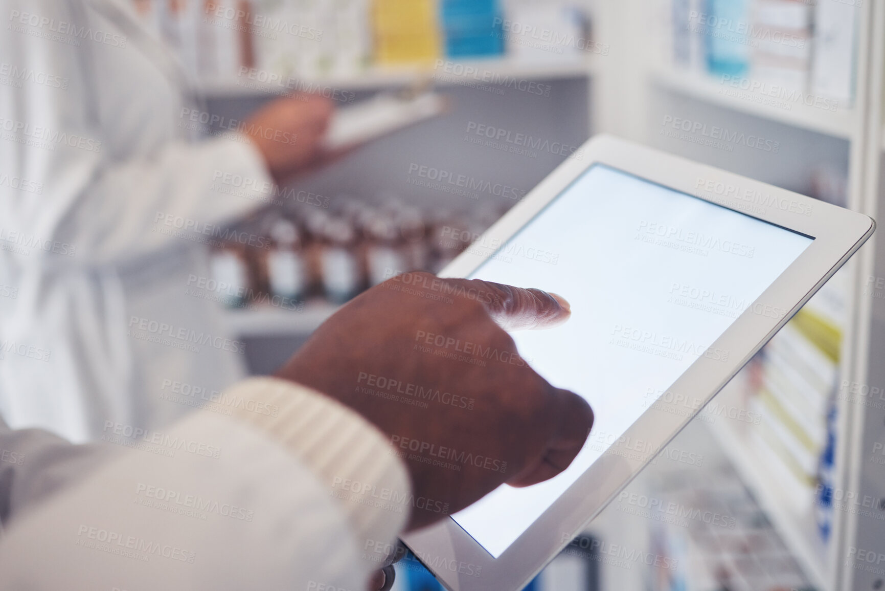Buy stock photo Typing, pharmacy and hands with a tablet for a search, check of stock or medicine update online. Closeup, connection and medical employee on technology for healthcare inventory or website at a clinic
