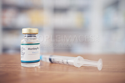 Buy stock photo Background of monkeypox vaccine, bottle and injection for protection, safety and healthcare risk in clinic. Closeup, medicine vial and needle for immunity, medical antivirus and pharmaceutical drugs
