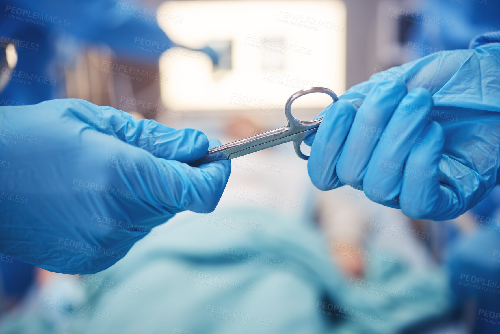 Buy stock photo Hands, scissors for operation and teamwork in the hospital during surgery or emergency medical procedure. Collaboration, healthcare equipment and doctors in theatre together to save a patient closeup