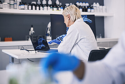 Buy stock photo Scientist, computer screen and DNA research, genetics analysis and study in medical laboratory. Doctor or woman on laptop for virus, vaccine and genes results, solution and science for healthcare