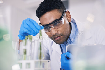 Buy stock photo Research, plants and man with test tube in laboratory, science and thinking with nature. Biotechnology, pharmaceutical study and scientist with leaf, lab technician checking green solution in glass.