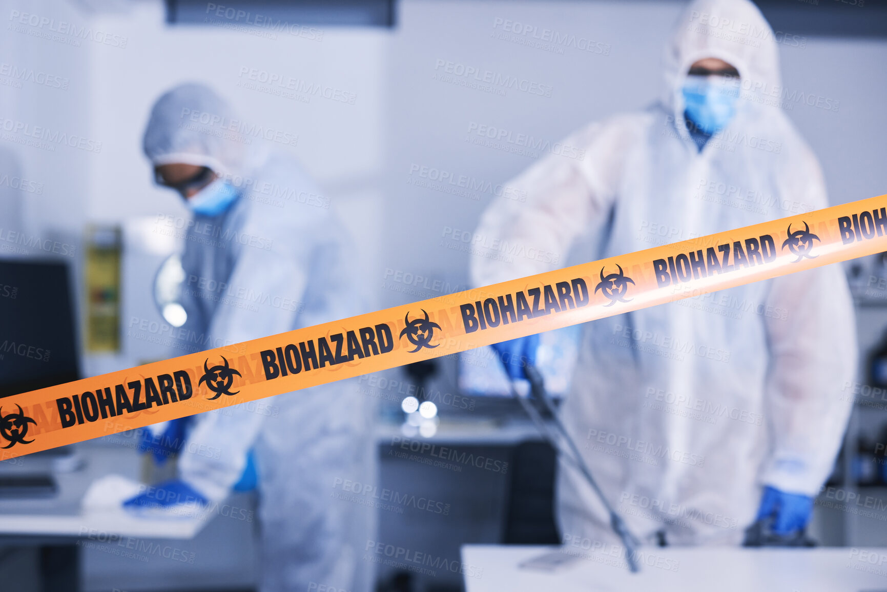 Buy stock photo Hazard, tape and people in danger working with toxic, biology or team disinfect dangerous bacteria or health emergency. Biohazard, protection and medical staff in hazmat suit cleaning for bio safety