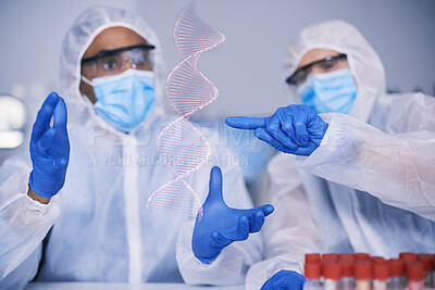 Buy stock photo Science team, dna hologram and lab analysis for study, gloves or mask for safety, health and medical research. Virus biology, laboratory and 3D holographic overlay with point, covid and ppe at desk