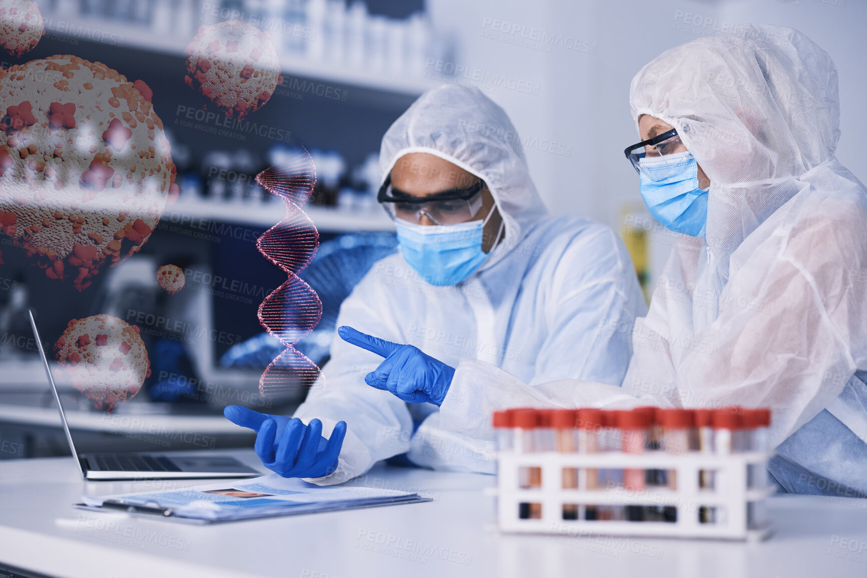 Buy stock photo Laptop, hologram and blood sample with a science team in a laboratory for research or innovation. Computer, overlay and dna in a glass vial for lab test or study as a pathology scientist colleagues