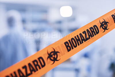 Buy stock photo Lab safety, science and tape for a biohazard, hospital security or medical emergency. Caution, room and people in a building with an orange warning sign for danger, barrier or cleaning in a clinic