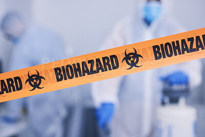Buy stock photo Biohazard, tape and people with caution working with toxic, biology or team disinfect dangerous bacteria for health crisis. Hazard, protection and warning for bio safety or cleaning in hazmat suit
